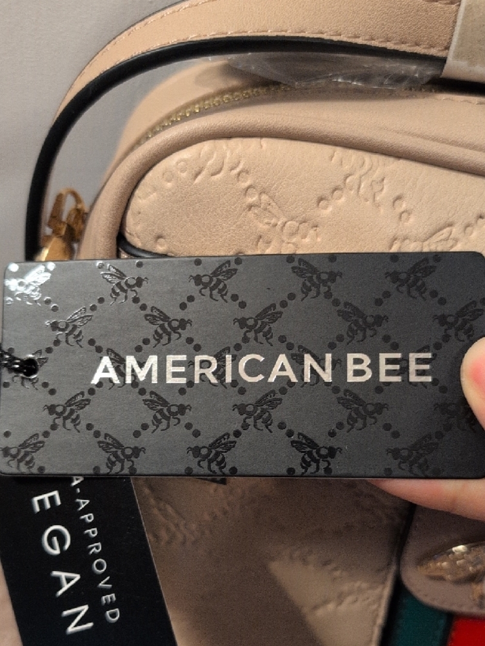 Beige Crossbody Bag with Bee Emblem and Tricolor Stripe With Matching L Wallet - Picture 2 of 9